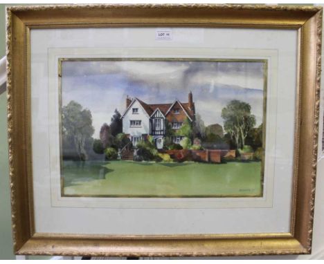 A WATERCOLOUR OF AN EXPENSIVE DETACHED HOUSE in its own grounds, signed Houghton, decoratively mounted in moulded gilt frame 