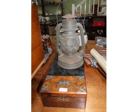 A BLACK FINISHED DEED BOX, an Odin lantern &amp; a 19th century walnut tea caddy with applied brass decals 