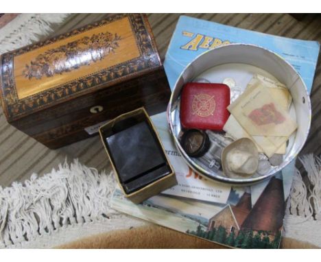 A SELECTION OF GENTLEMEN'S COLLECTABLES, to include coinage, cigarette silks, Tonbridge style tea caddy, etc 