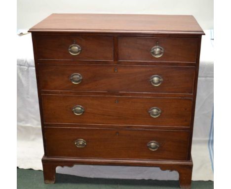 A 19TH CENTURY MAHOGANY CHEST OF TWO SHORT OVER THREE LONG DRAWERS, brass oval back stamp handles on bracket feet, 99cm wide 