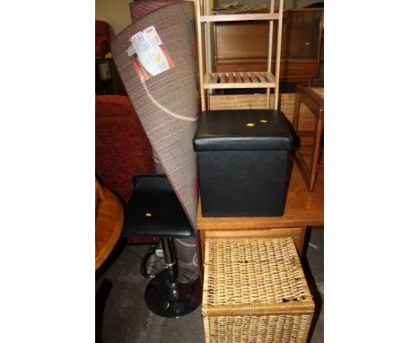 A QUANTITY OF ASSORTED FURNITURE TO INCLUDE A RUG, BAR STOOL, POUFFE, ETC (6)