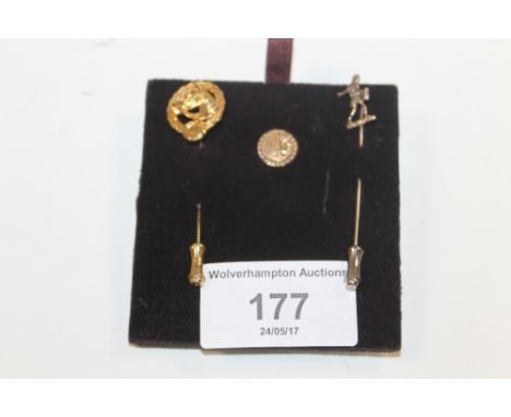 A 9CT GOLD STICK PIN, TOGETHER WITH A YELLOW METAL COIN STYLE STUD, AND A WHITE METAL STICK PIN 