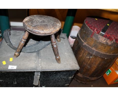A VINTAGE WOODEN FISHING BOX TOGETHER WITH A WOODEN BARREL AND STOOL