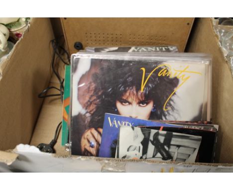 A BOX OF ASSORTED RECORDS TO INCLUDE MAINLY VANITY RECORDS, TOGETHER WITH A RECORD PLAYER