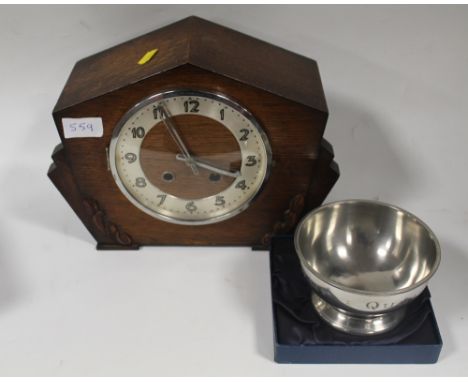 A MANTEL CLOCK TOGETHER WITH A BOXED PEWTER BOWL