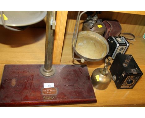 A SET OF AVERY BRASS BALANCES TOGETHER WITH TWO BRASS SPRAY CANS, AND TWO VINTAGE CAMERAS 