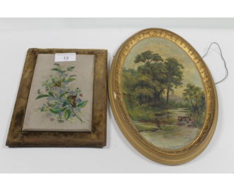 AN ANTIQUE PAINTING ON TILE, TOGETHER WITH AN OVAL FRAMED OIL ON BOARD DEPICTING CATTLE DRINKING 