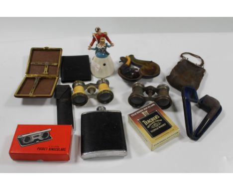A TRAY OF COLLECTABLES TO INCLUDE A VINTAGE WIND UP CINDERELLA TOY, AN AMBER STEMMED TOBACCO PIPE, ETC
