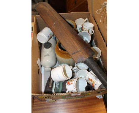 A TRAY OF ASSORTED CHINA AND CERAMICS TO INCLUDE COMMEMORATIVE MUGS, TOGETHER WITH A VINTAGE CRICKET BAT, ETC 