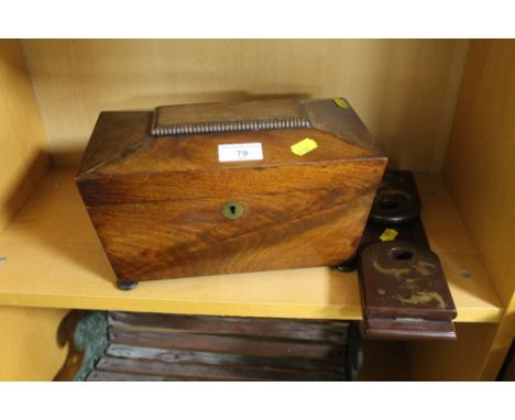 A GEORGIAN MAHOGANY TEA CADDY, TOGETHER WITH A BOOK SLIDE WITH DRAGON DECORATION 
