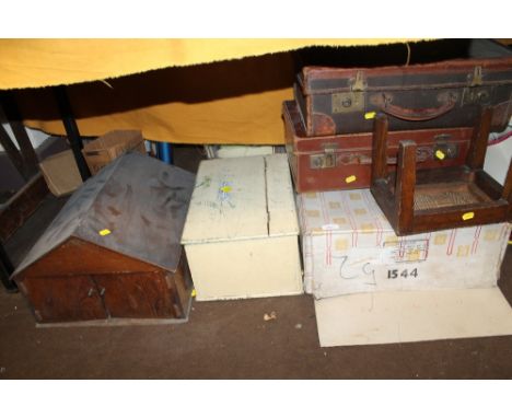 TWO VINTAGE SUITCASES, TOGETHER WITH A WOODEN GARAGE, ETC 