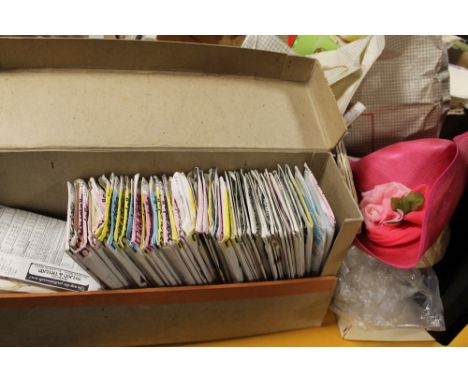 A SELECTION OF VINTAGE MAUDELLA PATTERNS, TOGETHER WITH A LADIES HAT, AN UMBRELLA, LADIES HANDBAGS, ETC