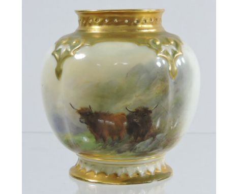 An early 20th century Royal Worcester porcelain pot pourri vase, the compressed quatrelobed body painted with Highland cattle