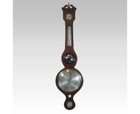 A 19th century mahogany cased wheel barometer, with a swan neck pediment, the trunk inset with a dry/damp gauge, thermometer 