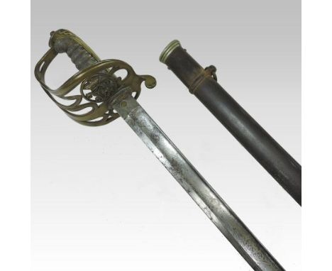 A Victorian officer's sword, having a pierced hilt and bound fishskin grip, with V R monogram, the engraved steel blade inscr