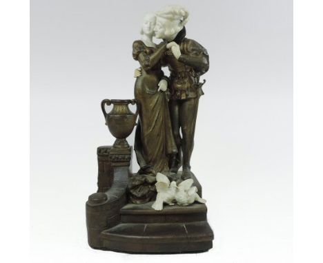 After Dominique Alonzo, 20th century, a composition figure group of a courting couple on a step, with two doves below, signed