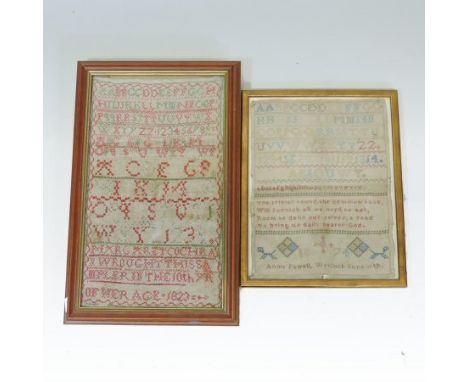 A 19th century needlework sampler, depicting verse and alphabet, worked by Annie Powell, Wenlock, June 11th 1874, 31 x 24cm, 