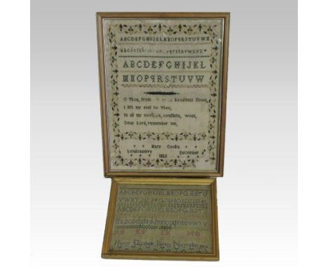 A George IV sampler, depicting verse and alphabet, worked by Mary Cooke, Londonderry, December 6th 1825, 44 x 32cm, together 