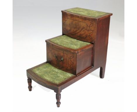 A Regency mahogany and ebony strung step commode, having three tiers, with a sliding compartment, on turned legs, 66cm high