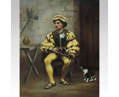 Continental School, 19th century, full-length portrait of a gentleman in medieval style dress, shown seated holding a crossbo