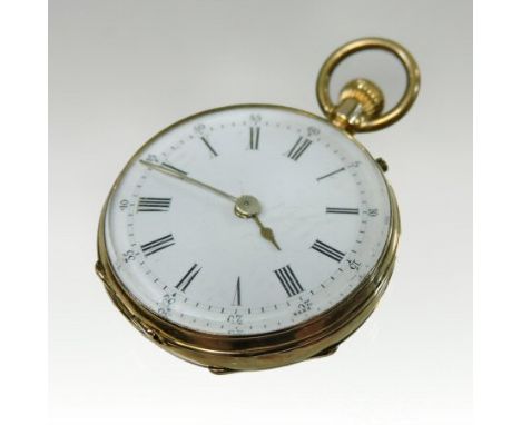 A 19th century French 14 carat gold cased open faced pocket watch, the white enamel dial with roman hours, inscribed remontoi