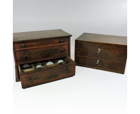 A 19th century mahogany and boxwood strung box, of plain rectangular shape with a hinged lid and drawer below, together with 