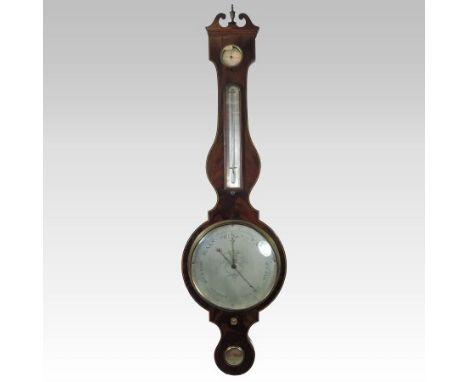 A 19th century mahogany, ebony and boxwood strung cased wheel barometer, with a swan neck pediment, having a dry/damp dial, t