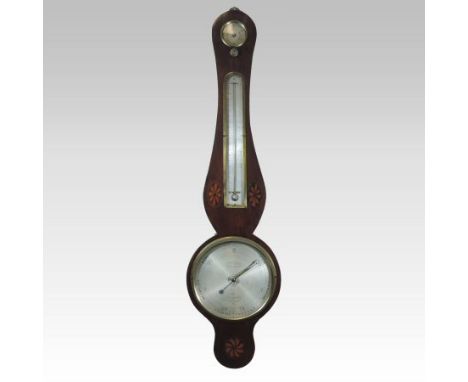 A 19th century mahogany, inlaid and chevron strung cased wheel barometer, with an arched top, the trunk inset with a dry/mois