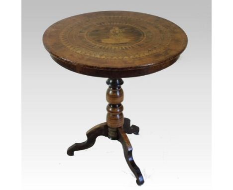 A 19th century Italian walnut and Sorrento marquetry occasional table, the circular top decorated with a young lady selling f