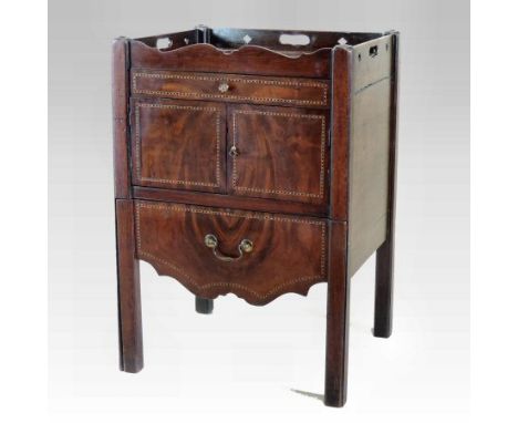 A George III mahogany and chevron inlaid tray top commode, enclosed by a pair of panelled doors, on square legs, 55cm 