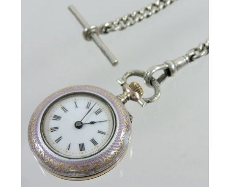 An early 20th century French silver gilt ladies open faced pocket watch, the white enamel dial with Roman hours, in a pink en