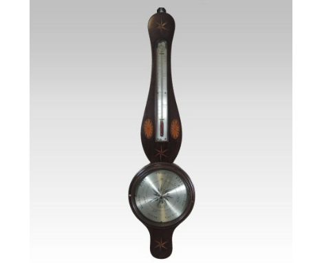 A 19th century mahogany and inlaid cased wheel barometer, the arched top with stellar inlay, the trunk inset with a thermomet