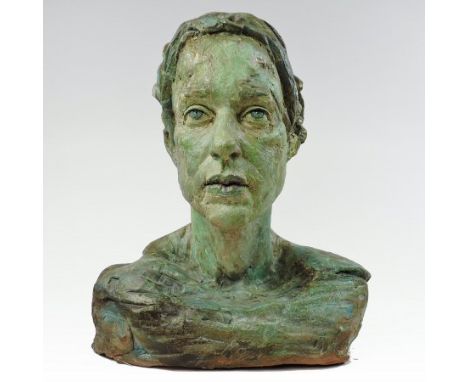 Noemie Quinones, contemporary, Turquoise Head, terracotta clay portrait sculpture, bearing a label for the Chelsea Arts socie