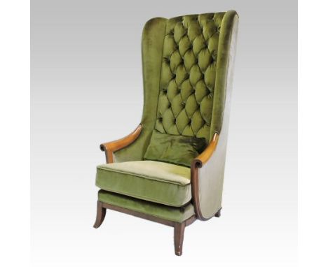 An early 20th century continental mahogany and green velvet button back upholstered porter's chair, of large proportions, 178