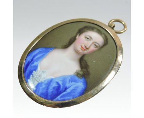 Attributed to Christian Friedrich Zincke, 1685-1767, enamel portrait miniature of a young lady in a blue gown, in an unmarked