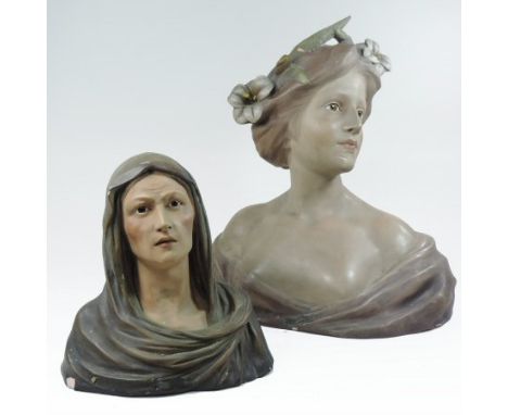 An early 20th century French plaster portrait bust of a young lady, with glass eyes, bearing a label, Le Lis, Par Faggioni, 4