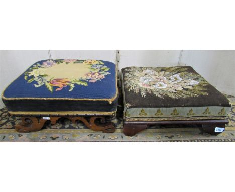Two 19th century footstools of rectangular form with tapestry beadwork tops on shaped supports 