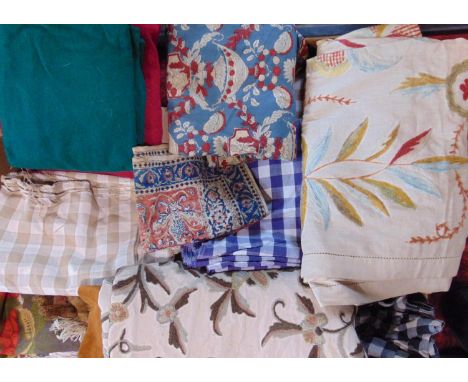 Collection of mixed fabric  pieces and panels including a crewel work piece with velvet border 130 x 240 cm, a crewel work pa