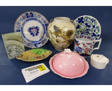 A quantity of decorative 19th century ceramics including a Carn pottery vase, a Victorian tile with printed and infilled Mary