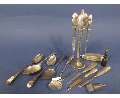 Mixed collection of silver comprising three spoons to include a novelty golf club example, silver handled manicure tools and 