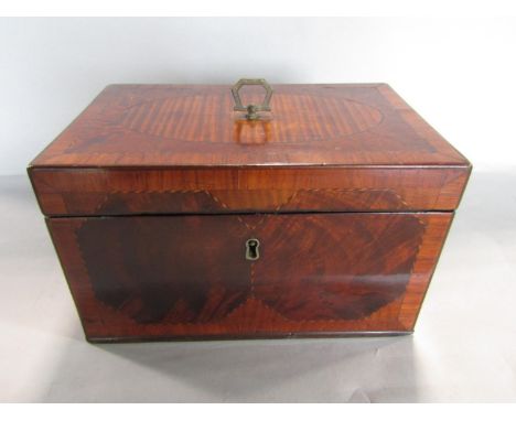Good quality Regency flame mahogany satinwood and rosewood cross banded tea caddy, the hinged top enclosing two further lidde