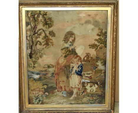 A large 19th century tapestry panel of a mother and child accompanied by a dog and various wild birds at the stream side, (ne