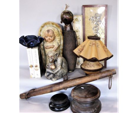 A large mixed miscellaneous lot comprising a vellum lamp and shade, a ceramic study of a monkey and young, a papier mache stu