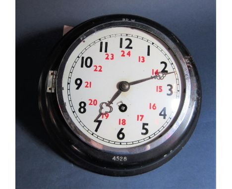 Good vintage ebonised/japanned station clock with Arabic numerals for twelve and twenty four hour, single train movement, tin