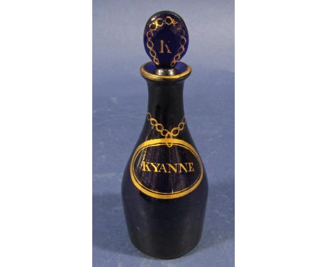 A good antique Bristol Blue scent bottle with gilt highlights inscribed Kyanne with original glass stopper inscribed with a K