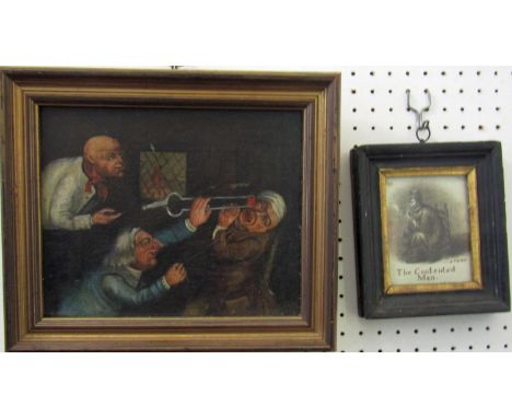 An unusual 19th century naive school study of an interior scene with a gruesome dental extraction, oil on board, 20 x 25cm ap