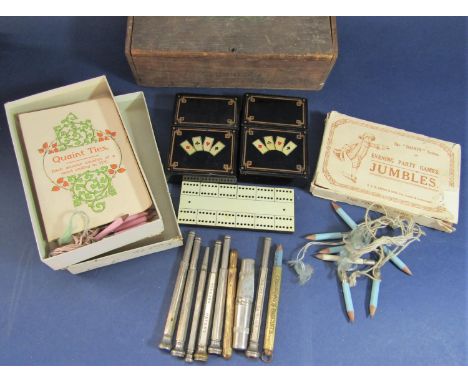 Good mixed gaming lot comprising two early 19th century lacquered card cases with polychrome and gilt decoration, a further b