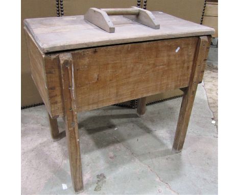 Rustic freestanding pine trough / bin of rectangular form with loose lid, drainage hole and square cut supports, 82cm L x 47 