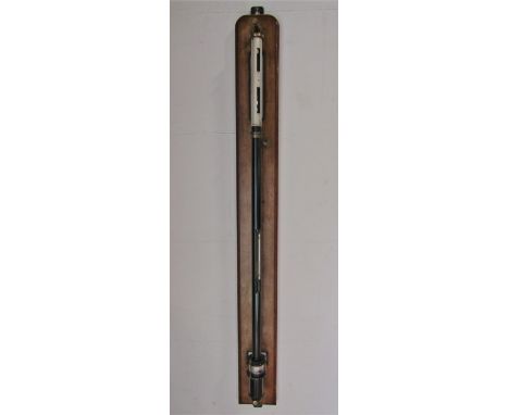 Good ebonised and steel ships barometer upon a mahogany back plate by Harvey &amp; Peak of London, 110 cm high 