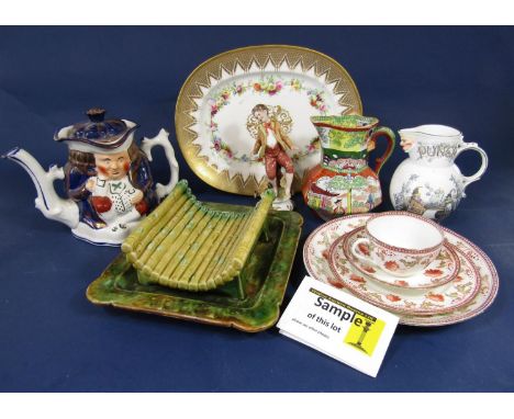 A collection of mainly 19th century ceramics including a 19th century Meissen type figure after Kaendler of a boy skater, 13.